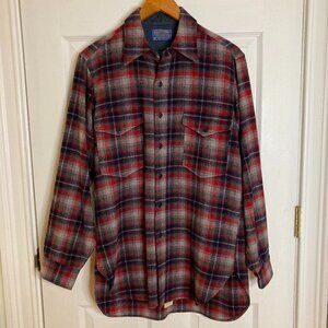 Vintage Pendleton Pure Virgin Wool Red Blue Gray Plaid Flannel Shirt Size 15 1/2